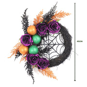 Halloween Purple Artificial Rose Grapevine Wreath with Spider Web Decoration, Bulk Party Decor
