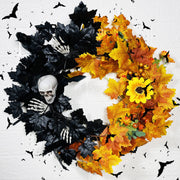 Halloween Skull Wreath with Artificial Black and Orange Maple Leaves, 12 Inch Front Door Decoration, Bulk Holiday Party Wreath