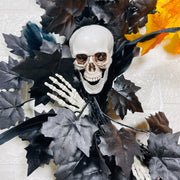 Halloween Skull Wreath with Artificial Black and Orange Maple Leaves, 12 Inch Front Door Decoration, Bulk Holiday Party Wreath