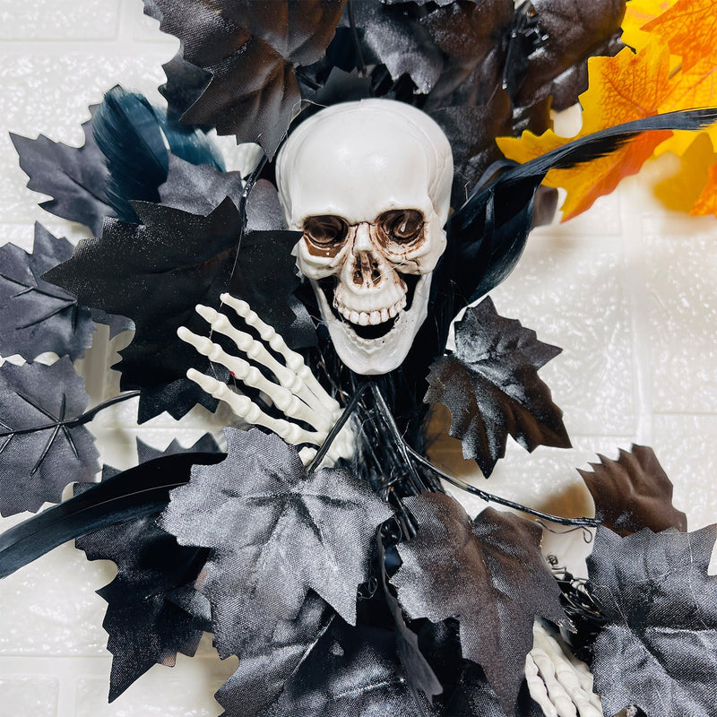 Halloween Skull Wreath with Artificial Black and Orange Maple Leaves, 12 Inch Front Door Decoration, Bulk Holiday Party Wreath