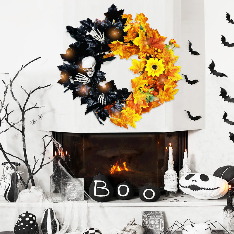 Halloween Skull Wreath with Artificial Black and Orange Maple Leaves, 12 Inch Front Door Decoration, Bulk Holiday Party Wreath