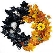 Halloween Skull Wreath with Artificial Black and Orange Maple Leaves, 12 Inch Front Door Decoration, Bulk Holiday Party Wreath