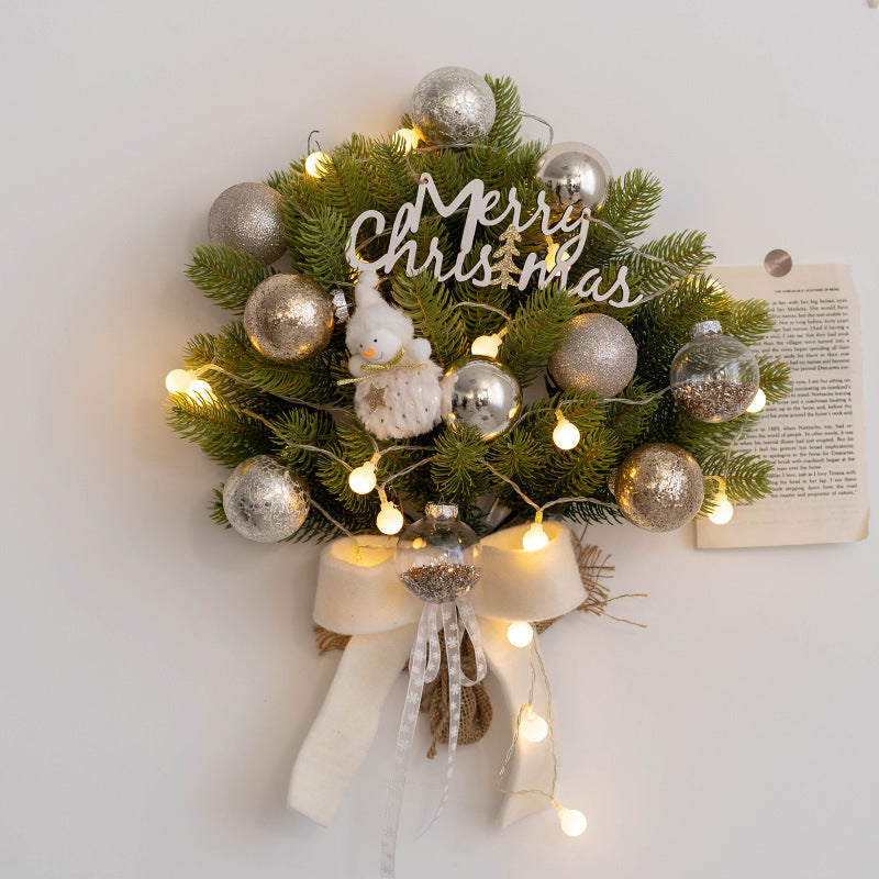 Light Up Artificial Pine Needle Bundle with LED Christmas Ball Ornament, Hanging Decoration for Door Wall Window, Bulk Set