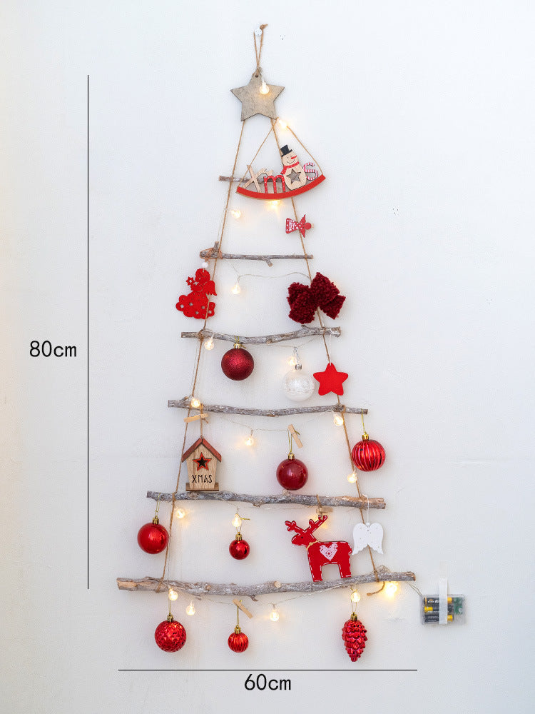 Wooden Christmas Tree Ornaments Bulk Set with Star Topper and Ladder Branch Design, Hanging Holiday Decorations