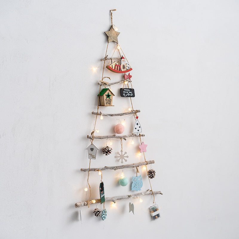 Wooden Christmas Tree Ornaments Bulk Set with Star Topper and Ladder Branch Design, Hanging Holiday Decorations