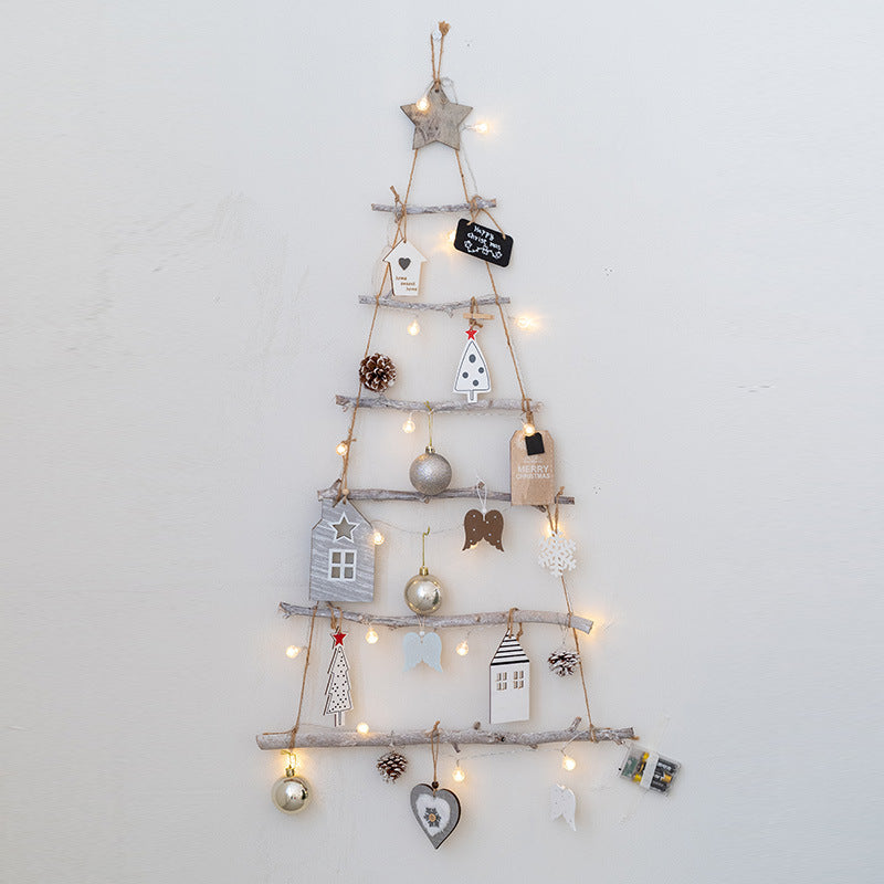 Wooden Christmas Tree Ornaments Bulk Set with Star Topper and Ladder Branch Design, Hanging Holiday Decorations