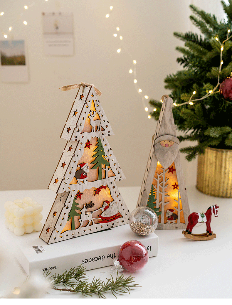 Light Up Wooden Christmas Tree Pendants with Hanging Lights, Bulk Christmas Decor Ornaments