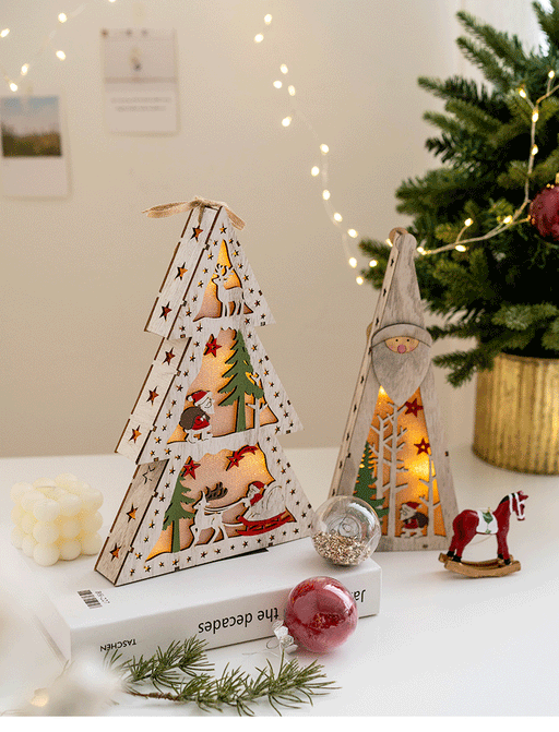 Light Up Wooden Christmas Tree Pendants with Hanging Lights, Bulk Christmas Decor Ornaments