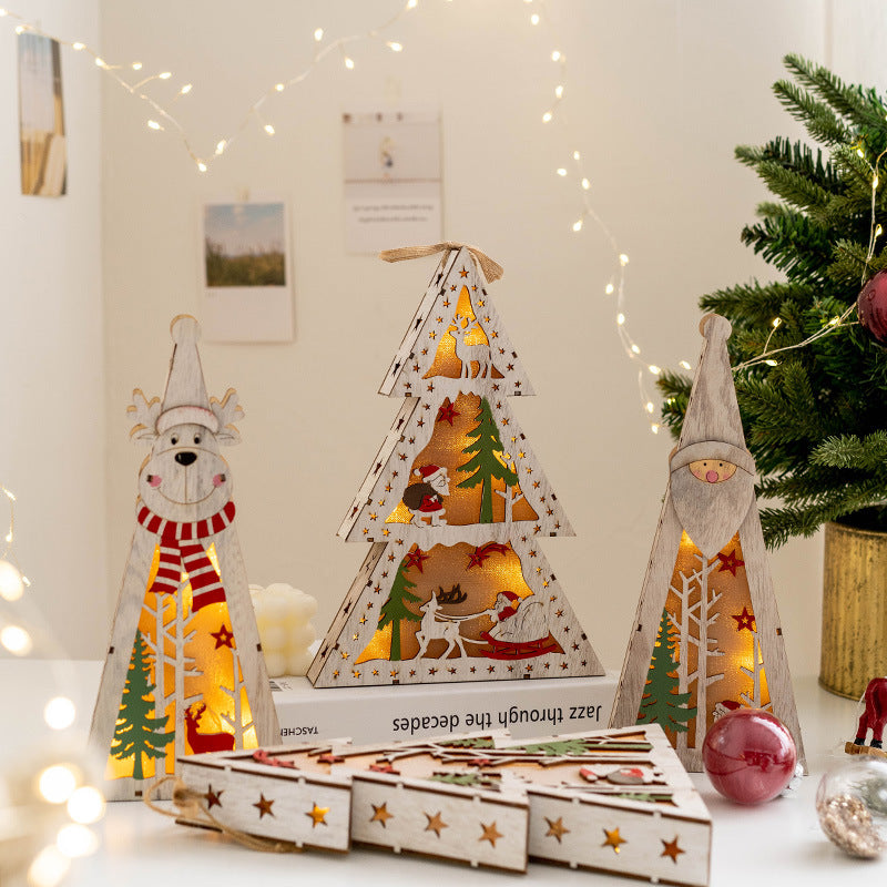 Light Up Wooden Christmas Tree Pendants with Hanging Lights, Bulk Christmas Decor Ornaments