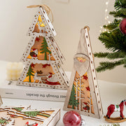 Light Up Wooden Christmas Tree Pendants with Hanging Lights, Bulk Christmas Decor Ornaments