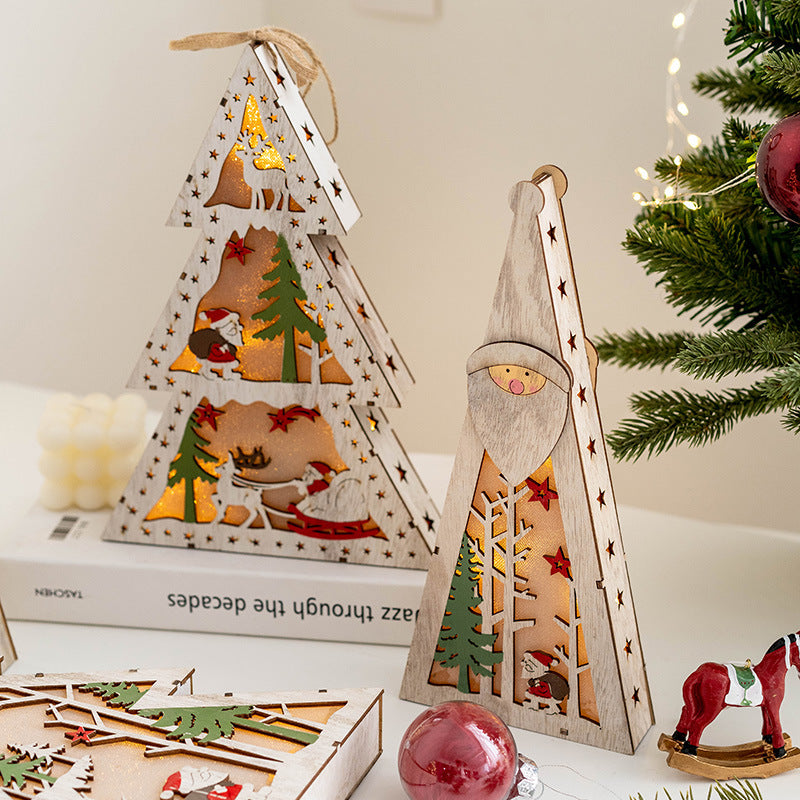 Light Up Wooden Christmas Tree Pendants with Hanging Lights, Bulk Christmas Decor Ornaments