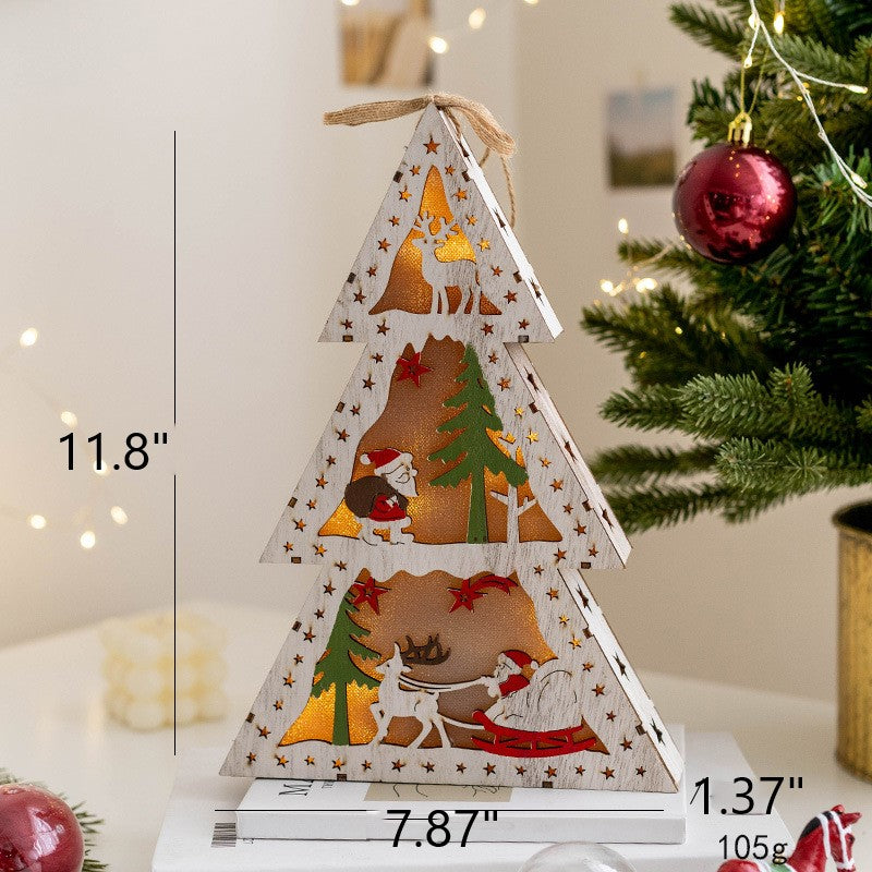 Light Up Wooden Christmas Tree Pendants with Hanging Lights, Bulk Christmas Decor Ornaments