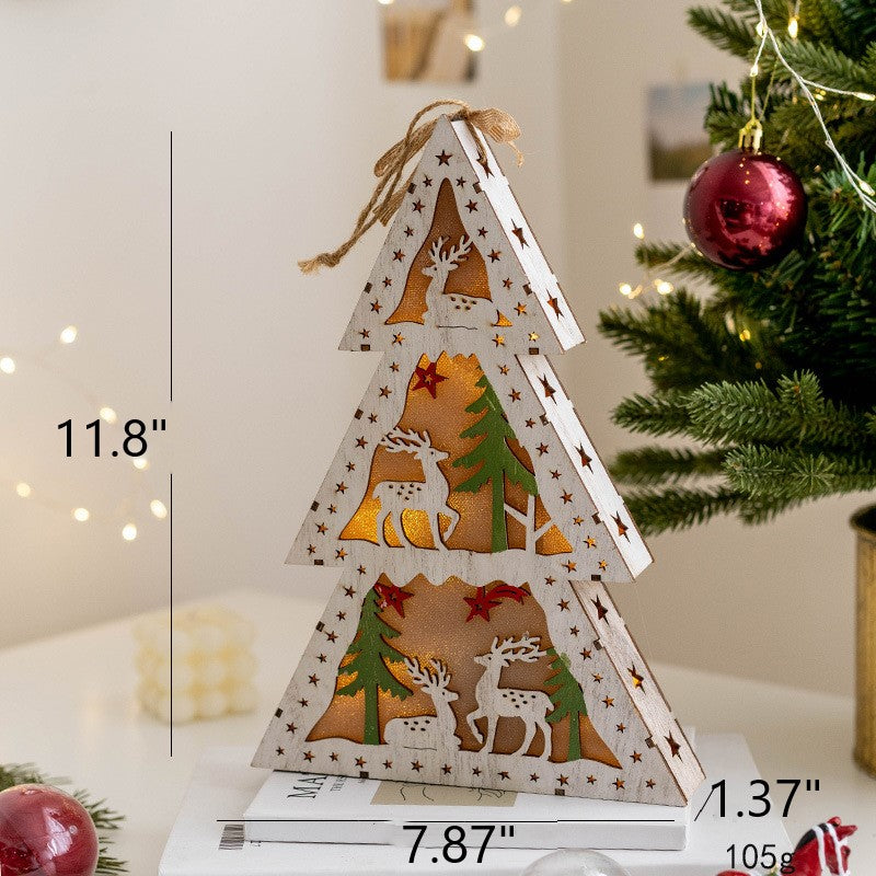 Light Up Wooden Christmas Tree Pendants with Hanging Lights, Bulk Christmas Decor Ornaments