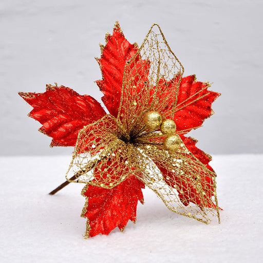8 Inch Artificial Poinsettia Picks with Glitter and Sequins, 10 Pcs Christmas Flower Ornaments for Tree Decoration