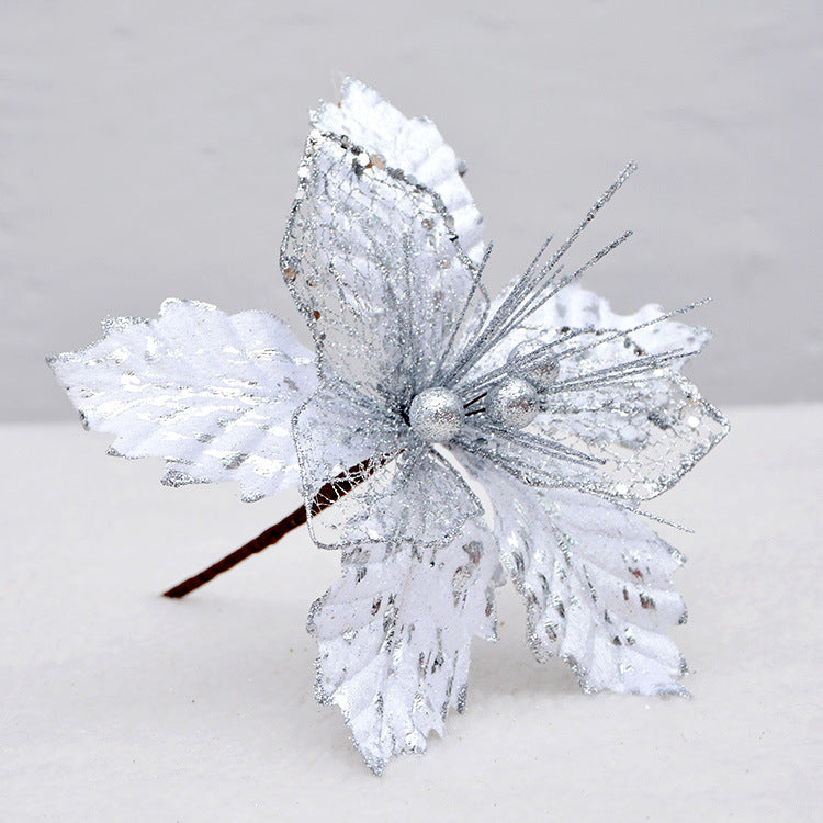 8 Inch Artificial Poinsettia Picks with Glitter and Sequins, 10 Pcs Christmas Flower Ornaments for Tree Decoration