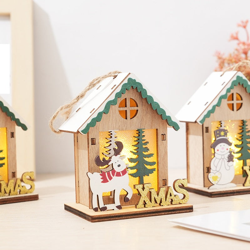 Mini Glow Cabin Christmas Hanging Ornaments with Santa, Snowman & Elk – Bulk Set for Xmas Tree Decorations
