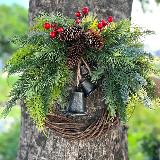 Natural Rattan Pine Cone Wreath with Bell 12 Inch Christmas Ornament Farmhouse Wall Hanging Indoor Outdoor Decor
