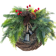Natural Rattan Pine Cone Wreath with Bell 12 Inch Christmas Ornament Farmhouse Wall Hanging Indoor Outdoor Decor
