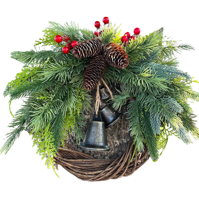 Natural Rattan Pine Cone Wreath with Bell 12 Inch Christmas Ornament Farmhouse Wall Hanging Indoor Outdoor Decor