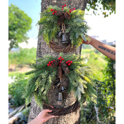 Natural Rattan Pine Cone Wreath with Bell 12 Inch Christmas Ornament Farmhouse Wall Hanging Indoor Outdoor Decor
