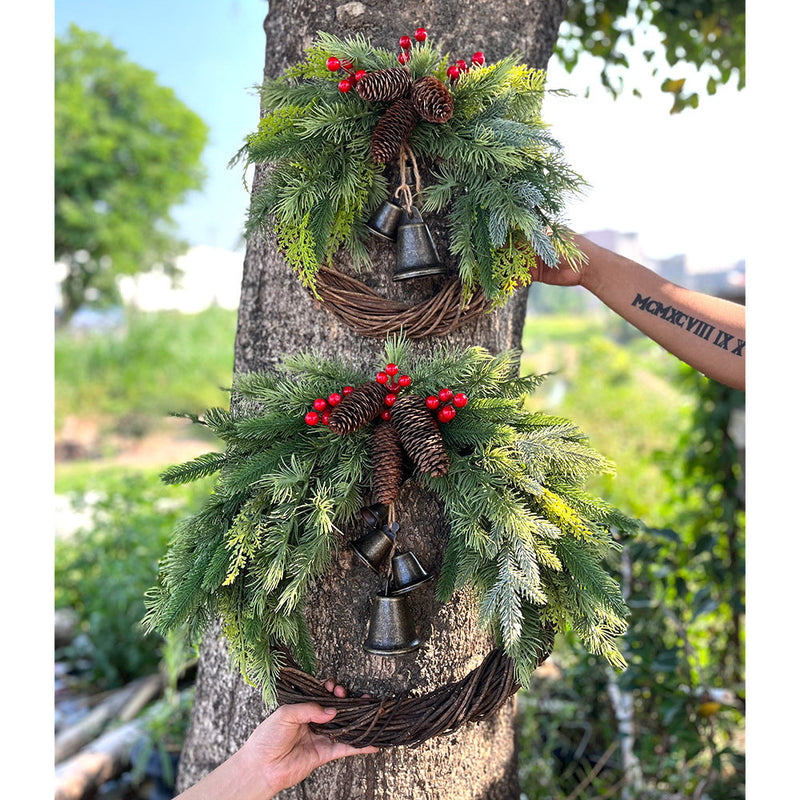 Natural Rattan Pine Cone Wreath with Bell 12 Inch Christmas Ornament Farmhouse Wall Hanging Indoor Outdoor Decor