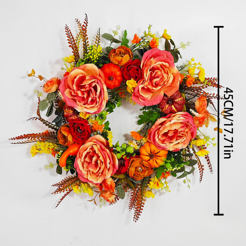 Artificial Peony Pumpkin Wreath 18 Inch Fall Harvest Thanksgiving Day Decor Bulk Wholesale