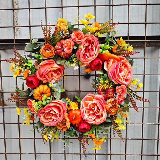 Artificial Peony Pumpkin Wreath 18 Inch Fall Harvest Thanksgiving Day Decor Bulk Wholesale