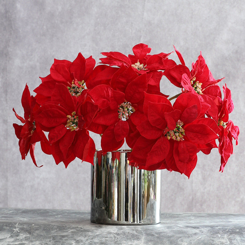 12 Inch Artificial Velvet Poinsettia Stems with Glitter Centers, 10 Pcs Christmas Holiday Floral Decor
