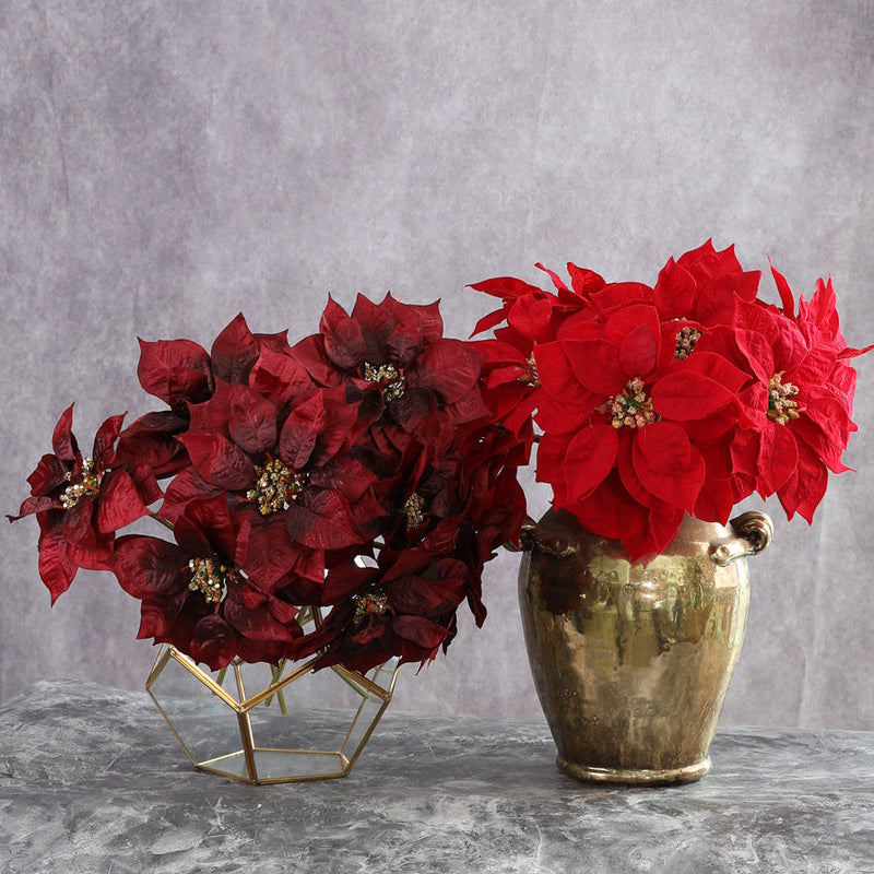 12 Inch Artificial Velvet Poinsettia Stems with Glitter Centers, 10 Pcs Christmas Holiday Floral Decor