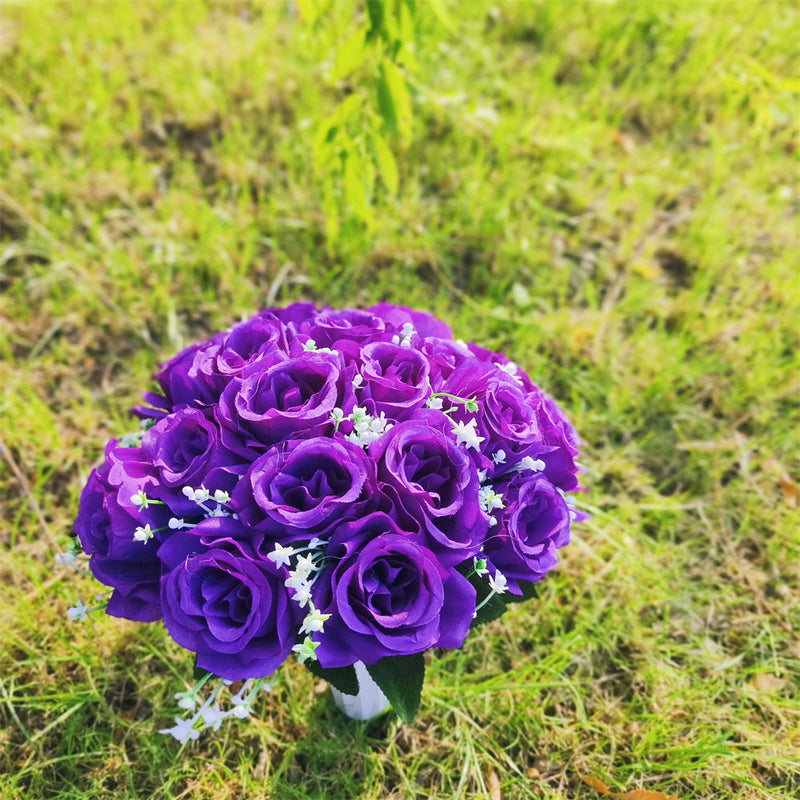 22 Colors Artificial Rose Bush Bouquets for Graves and Memorials, Bulk Wholesale Cemetery Flowers in Vase