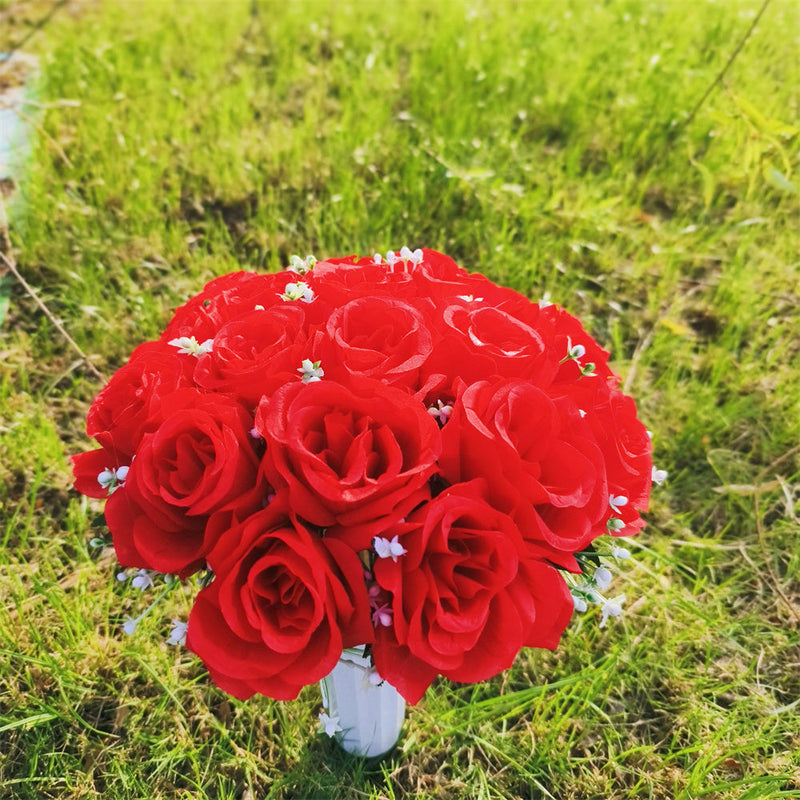 22 Colors Artificial Rose Bush Bouquets for Graves and Memorials, Bulk Wholesale Cemetery Flowers in Vase