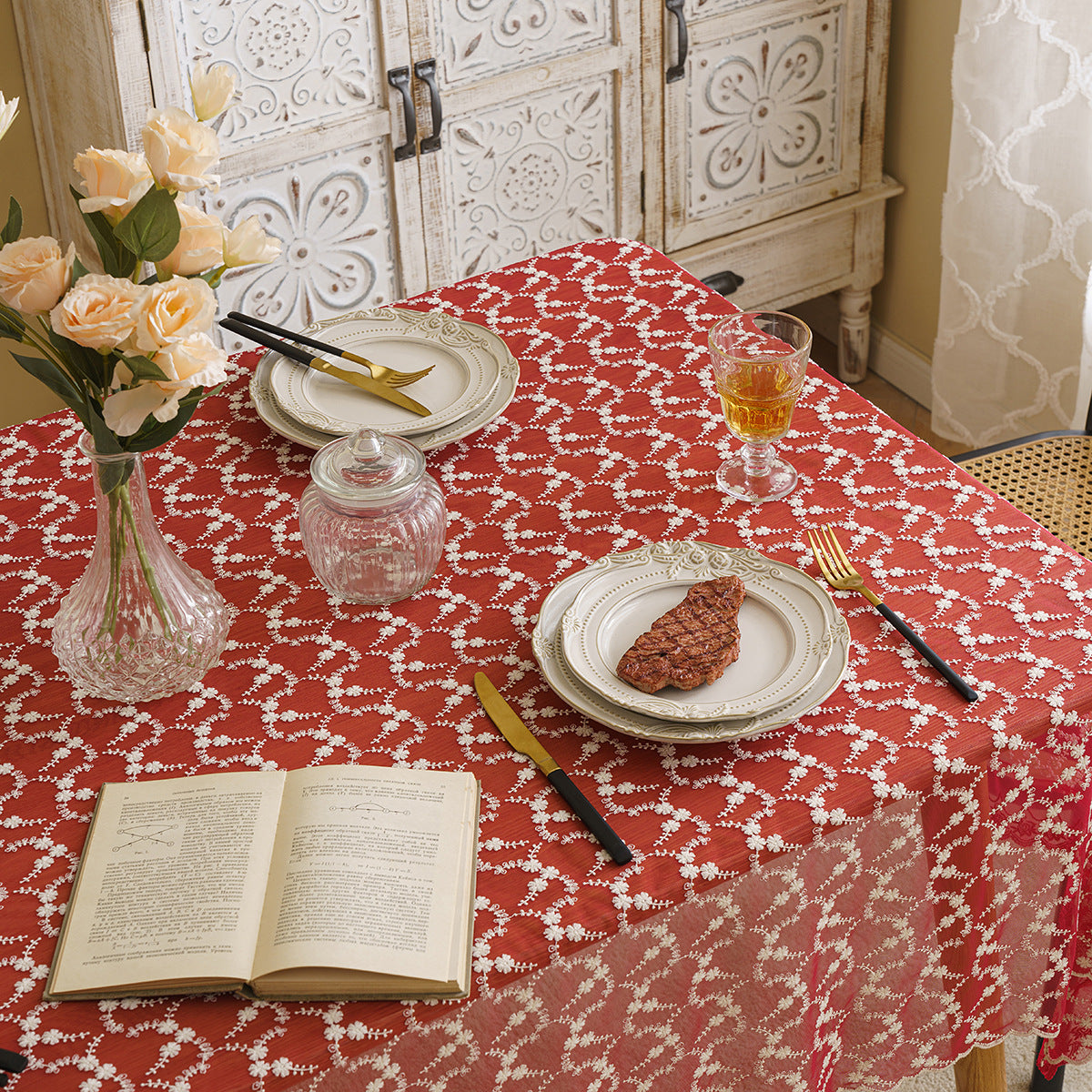 Bulk Red Lace Tablecloth Embroidered Floral Table Cover for Party Home Decor Wholesale