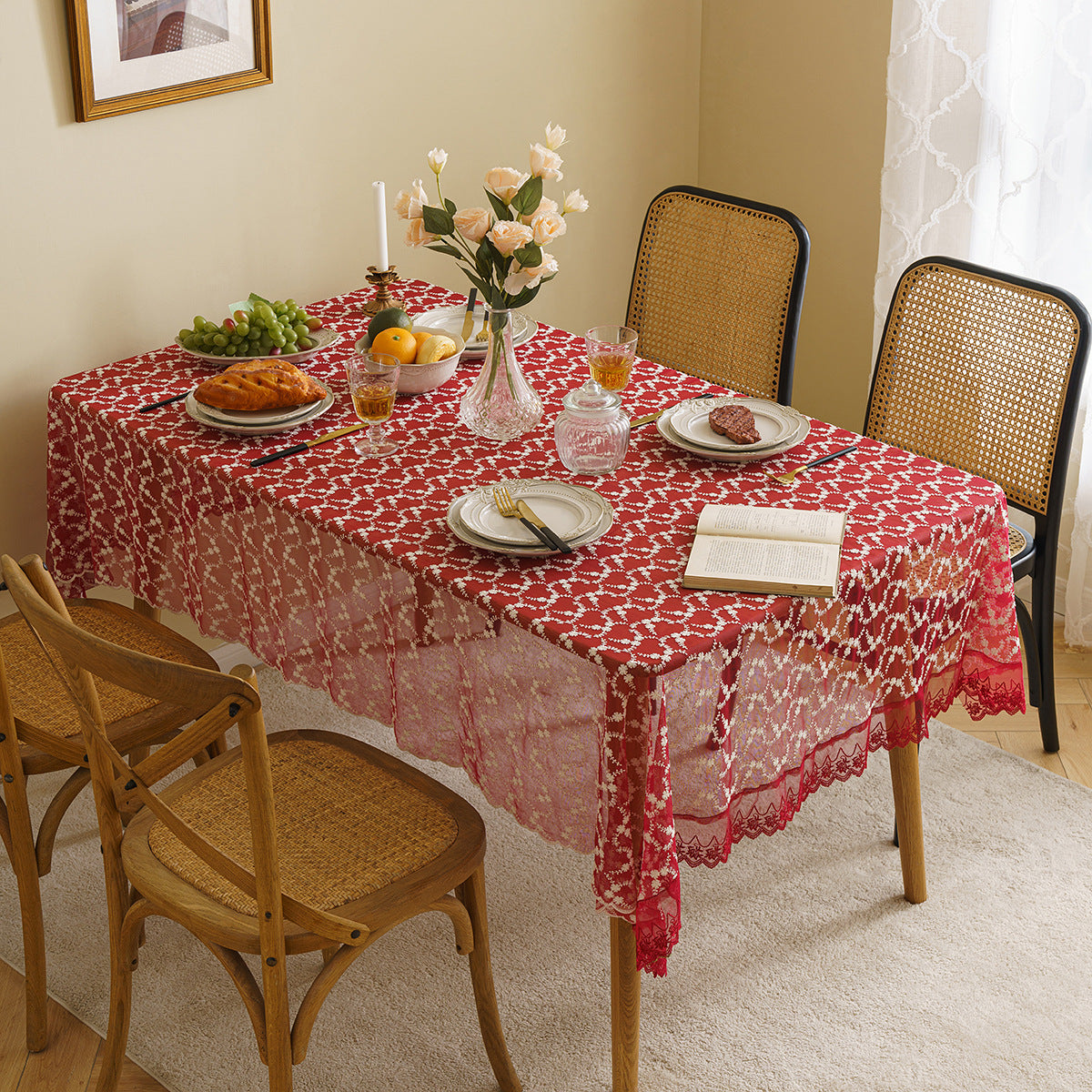 Bulk Red Lace Tablecloth Embroidered Floral Table Cover for Party Home Decor Wholesale
