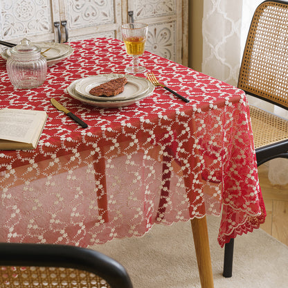 Bulk Red Lace Tablecloth Embroidered Floral Table Cover for Party Home Decor Wholesale