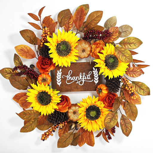 Sunflower Pumpkin Leaf Wreath with Sign 18 Inch Artificial Flower Front Door Farmhouse Decor Bulk
