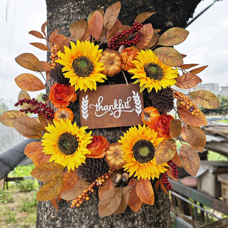 Sunflower Pumpkin Leaf Wreath with Sign 18 Inch Artificial Flower Front Door Farmhouse Decor Bulk