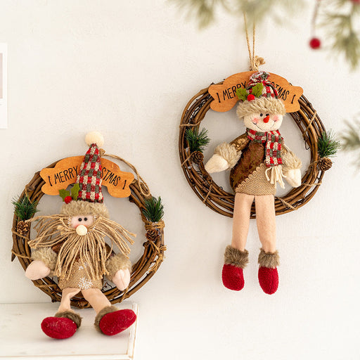 Artificial Pinecone Wreath with Vintage Santa Claus Snowman Elk, Christmas Front Door Decor, Bulk Wholesale