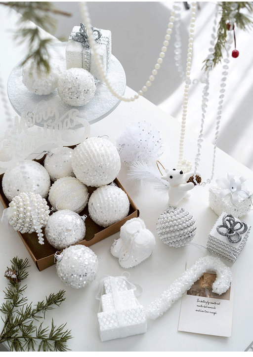 White Christmas Glitter Balls Ornaments Bulk Pack, 12 Pcs, Hanging Holiday Decor