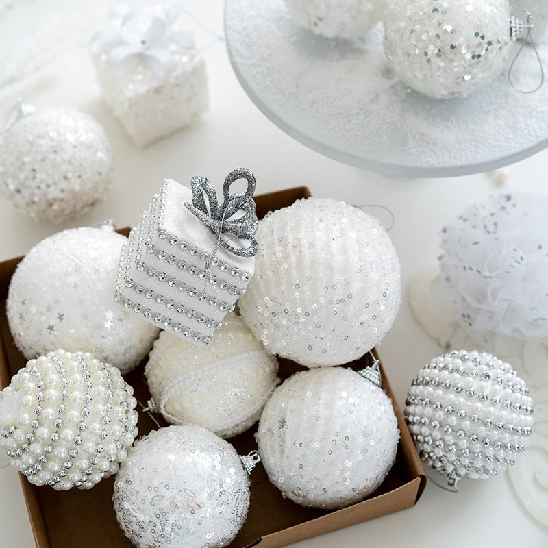 White Christmas Glitter Balls Ornaments Bulk Pack, 12 Pcs, Hanging Holiday Decor