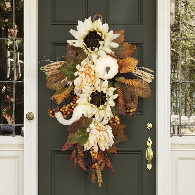 Artificial Fall Harvest Teardrop Swag 24 Inch Thanksgiving Wreath with Sunflower and Berry for Front Door Wall Autumn Outdoor Decor Bulk