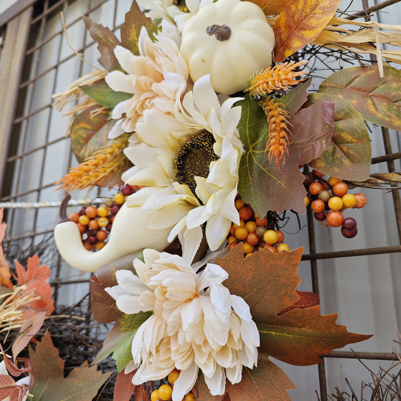 Artificial Fall Harvest Teardrop Swag 24 Inch Thanksgiving Wreath with Sunflower and Berry for Front Door Wall Autumn Outdoor Decor Bulk
