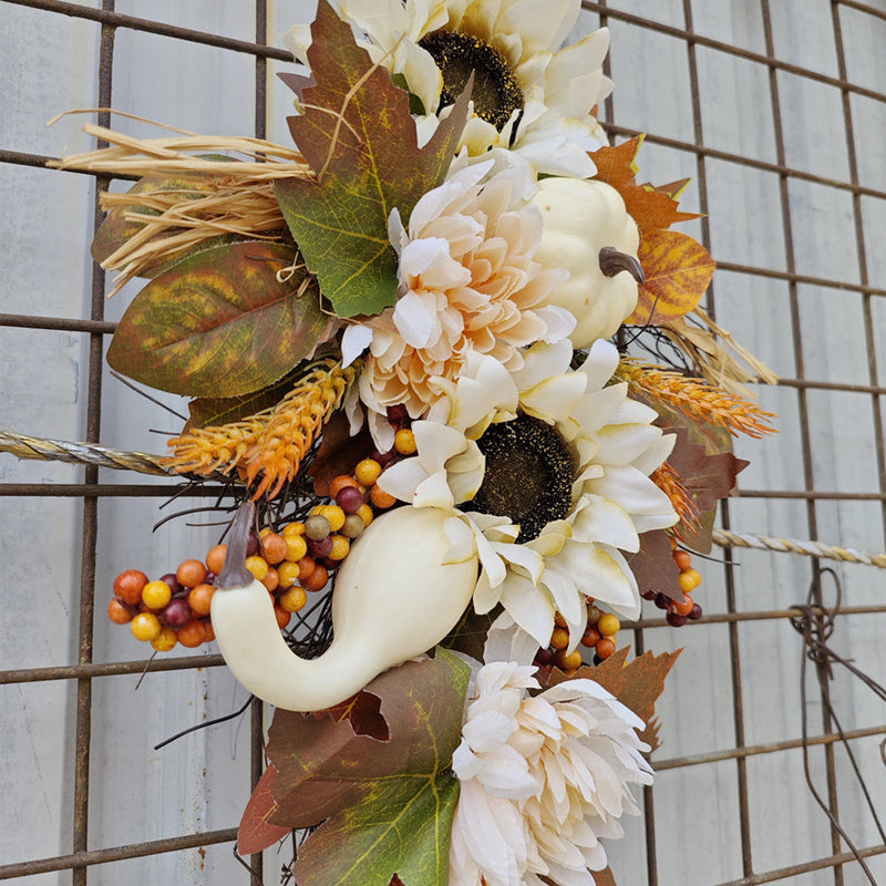 Artificial Fall Harvest Teardrop Swag 24 Inch Thanksgiving Wreath with Sunflower and Berry for Front Door Wall Autumn Outdoor Decor Bulk