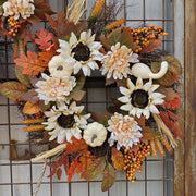 Artificial Flower Wreath 14 Inch White Pumpkin Sunflower Maple Leaf Fall Harvest Decor