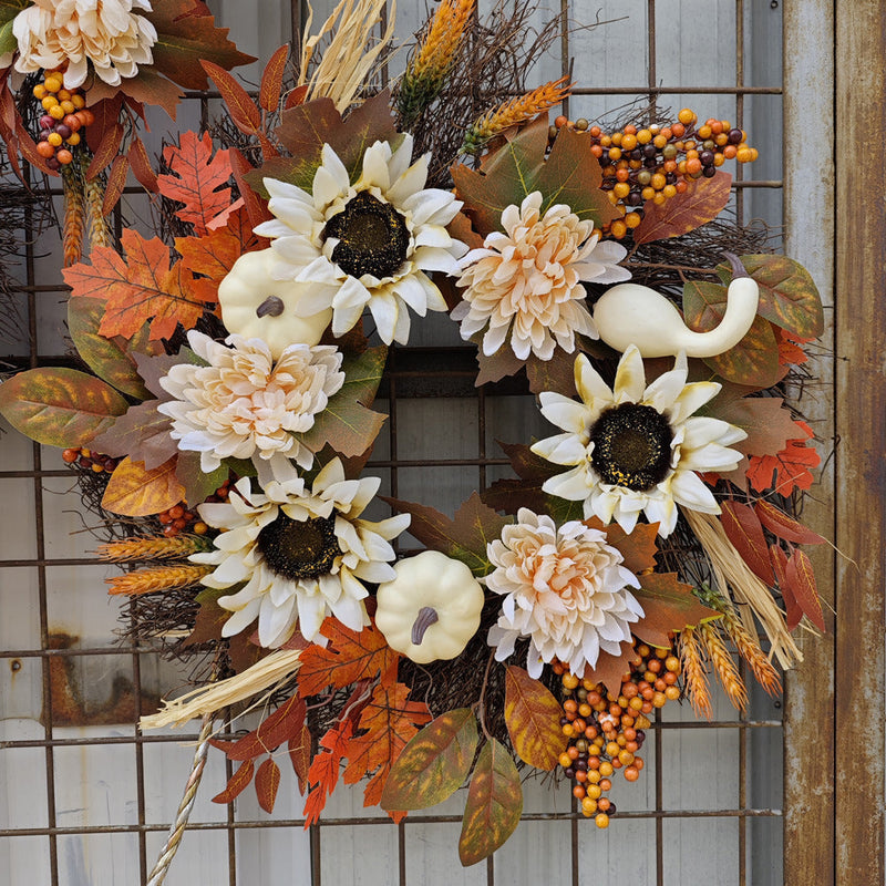 Artificial Flower Wreath 14 Inch White Pumpkin Sunflower Maple Leaf Fall Harvest Decor