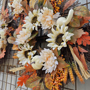 Artificial Flower Wreath 14 Inch White Pumpkin Sunflower Maple Leaf Fall Harvest Decor