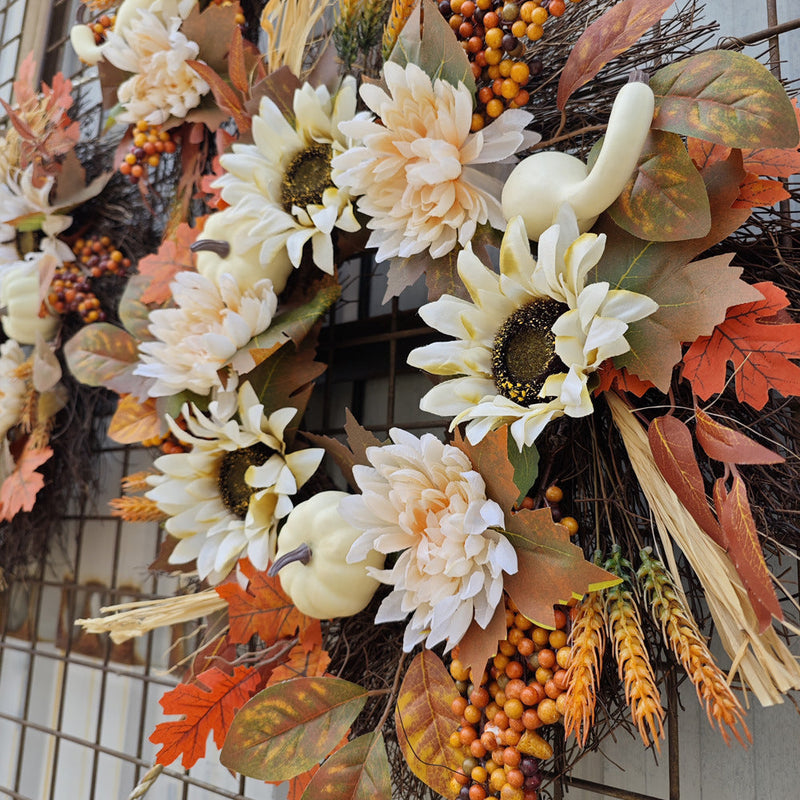 Artificial Flower Wreath 14 Inch White Pumpkin Sunflower Maple Leaf Fall Harvest Decor
