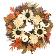 Artificial Flower Wreath 14 Inch White Pumpkin Sunflower Maple Leaf Fall Harvest Decor