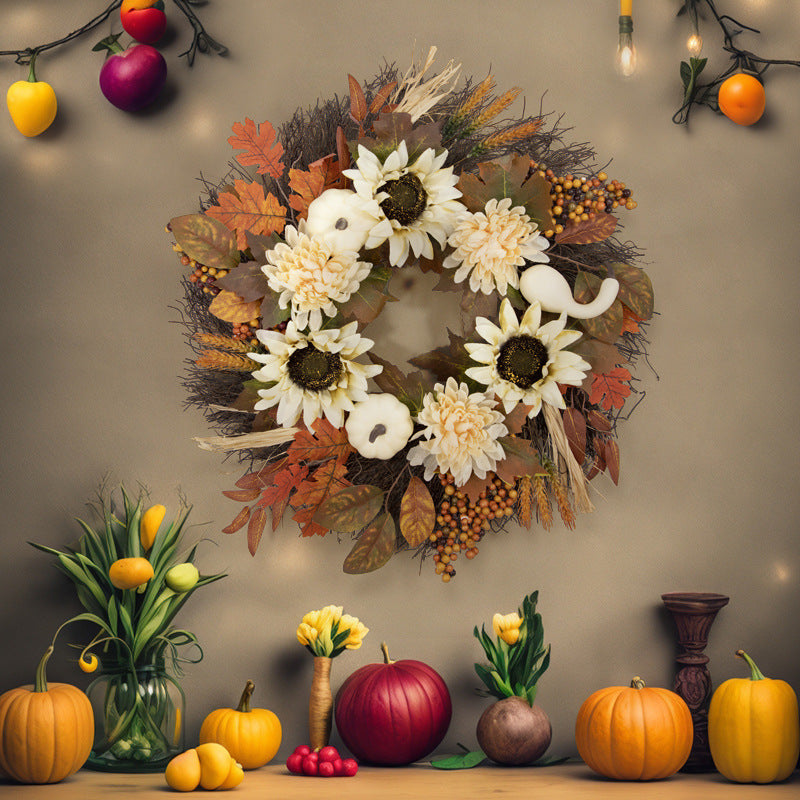 Artificial Flower Wreath 14 Inch White Pumpkin Sunflower Maple Leaf Fall Harvest Decor