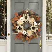 Artificial Flower Wreath 14 Inch White Pumpkin Sunflower Maple Leaf Fall Harvest Decor