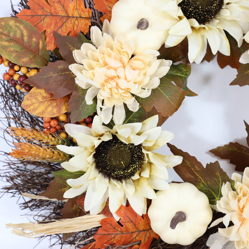 Artificial Flower Wreath 14 Inch White Pumpkin Sunflower Maple Leaf Fall Harvest Decor